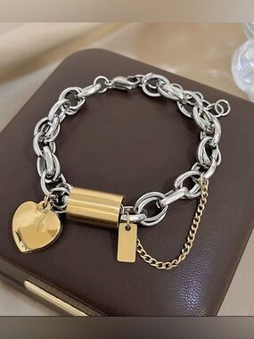 🤩LOOK🤩Two-Tone Gold and Silver Pop Chunky Padlock Charm Bracelet